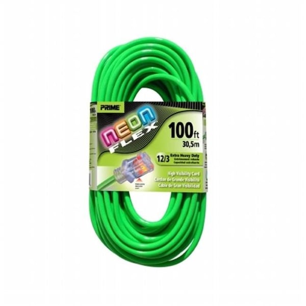 Prime SJTW Extension Cord, 12 AWG, Outdoor, 12/3, 1 Outlets, High Visibility Green, 100 ft NS512835 - main